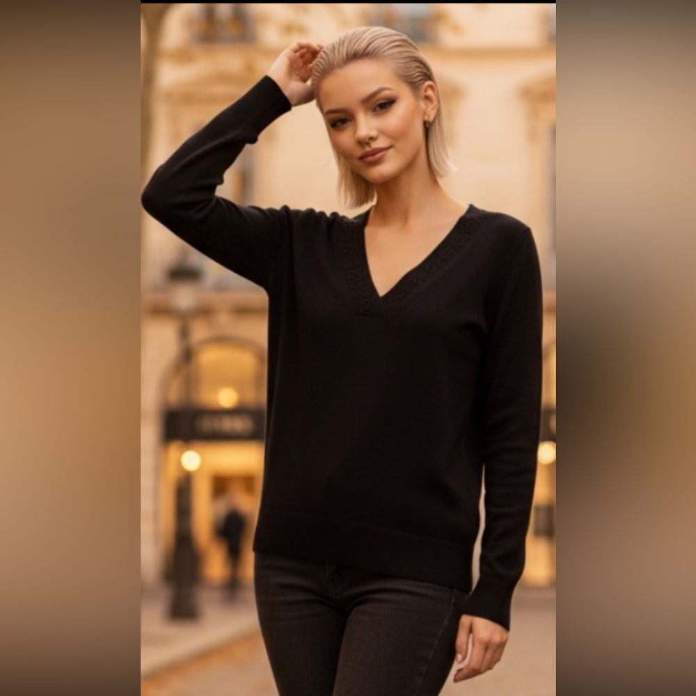 ETCETERA Sweater Pullover Corded V Neck Black Lightweight 3/4 Sleeves Small